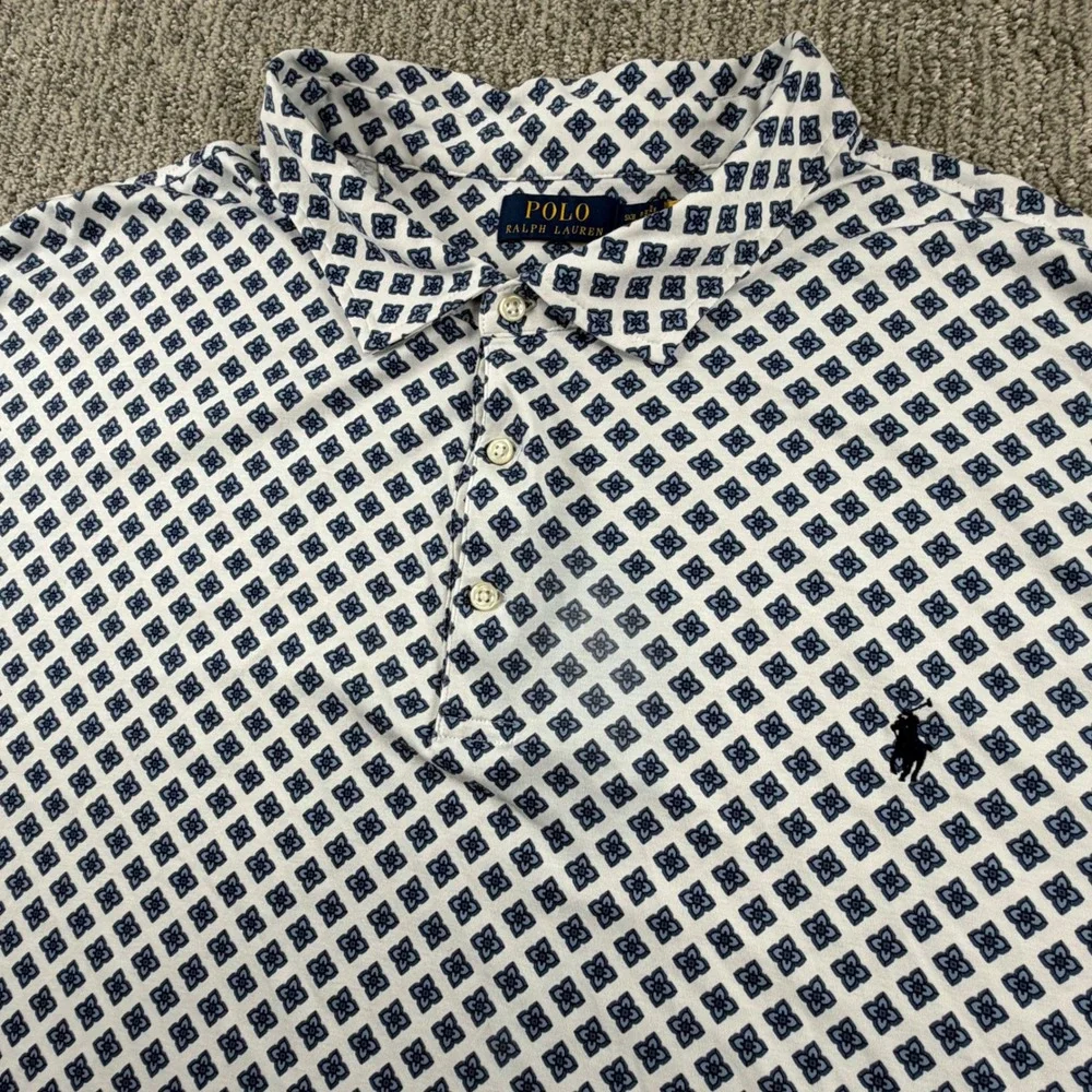 Polo Ralph Lauren Polo Shirt Men 5XB White Blue Geometric Medallion Cotton